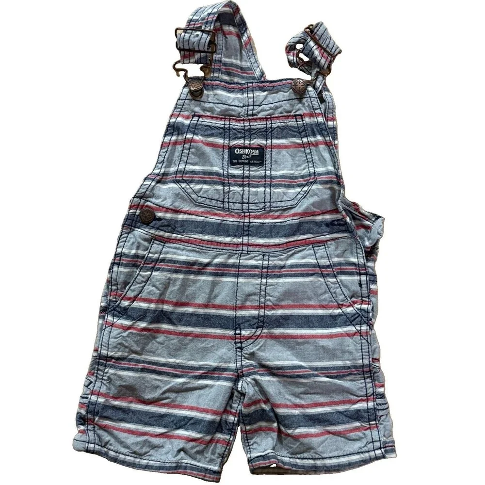 OshKosh B'gosh Boys Gray/Blue/Red Striped Sleeveless Button Shortalls 2T